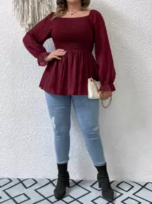 SHEIN Franclia 大碼上身打攬荷葉袖荷葉邊下擺襯衫 - 酒紅色 - 查看 6