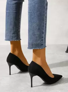 Fall/Winter 2025 Minimalist Point Toe Stiletto Heeled Faux Suede Court Pumps, Black Elegant Solid Color High Heels,Elegant,Elegant,Pointed Heels - Black - View 3