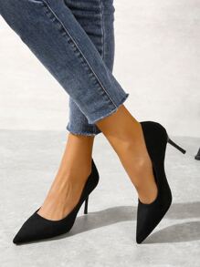 Fall/Winter 2025 Minimalist Point Toe Stiletto Heeled Faux Suede Court Pumps, Black Elegant Solid Color High Heels,Elegant,Elegant,Pointed Heels - Black - View 4