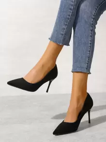 Fall/Winter 2025 Minimalist Point Toe Stiletto Heeled Faux Suede Court Pumps, Black Elegant Solid Color High Heels,Elegant,Elegant,Pointed Heels - Black - View 6