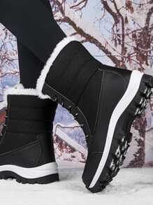 Geometric Pattern Lace-up Front Thermal Lined Snow Boots - Black - View 2