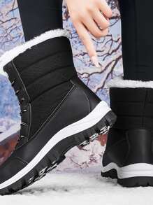 Geometric Pattern Lace-up Front Thermal Lined Snow Boots - Black - View 3