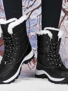 Geometric Pattern Lace-up Front Thermal Lined Snow Boots - Black - View 4