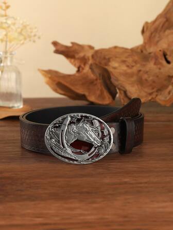 Men Horse Decor Oval Buckle Belt