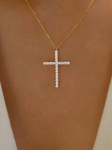 Vòng cổ Faux Pearl Cross Charm - Vàng - Xem 1