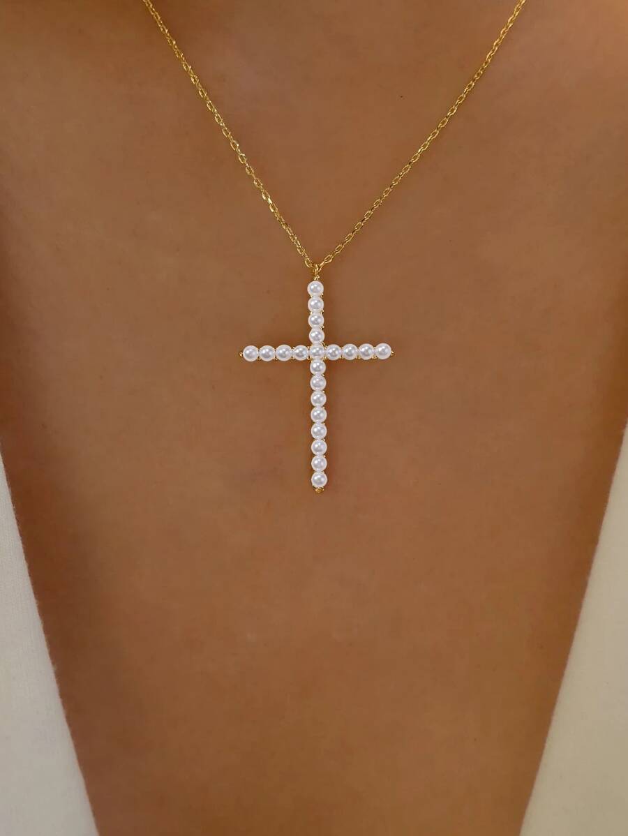 Vòng cổ Faux Pearl Cross Charm - Vàng - Xem 1