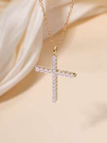 Vòng cổ Faux Pearl Cross Charm - Vàng - Xem 2