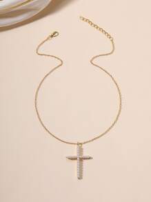 Vòng cổ Faux Pearl Cross Charm - Vàng - Xem 3