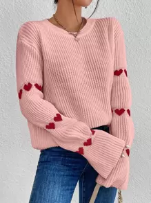 SHEIN ChicEase 心形图案荷叶边袖针织套头衫秋冬毛衣 - 粉色 - 查看 3