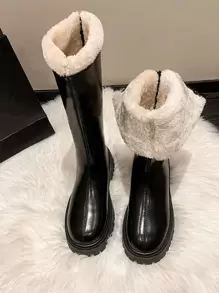 Zipper Back Thermal Lined Combat Boots - Black - View 1