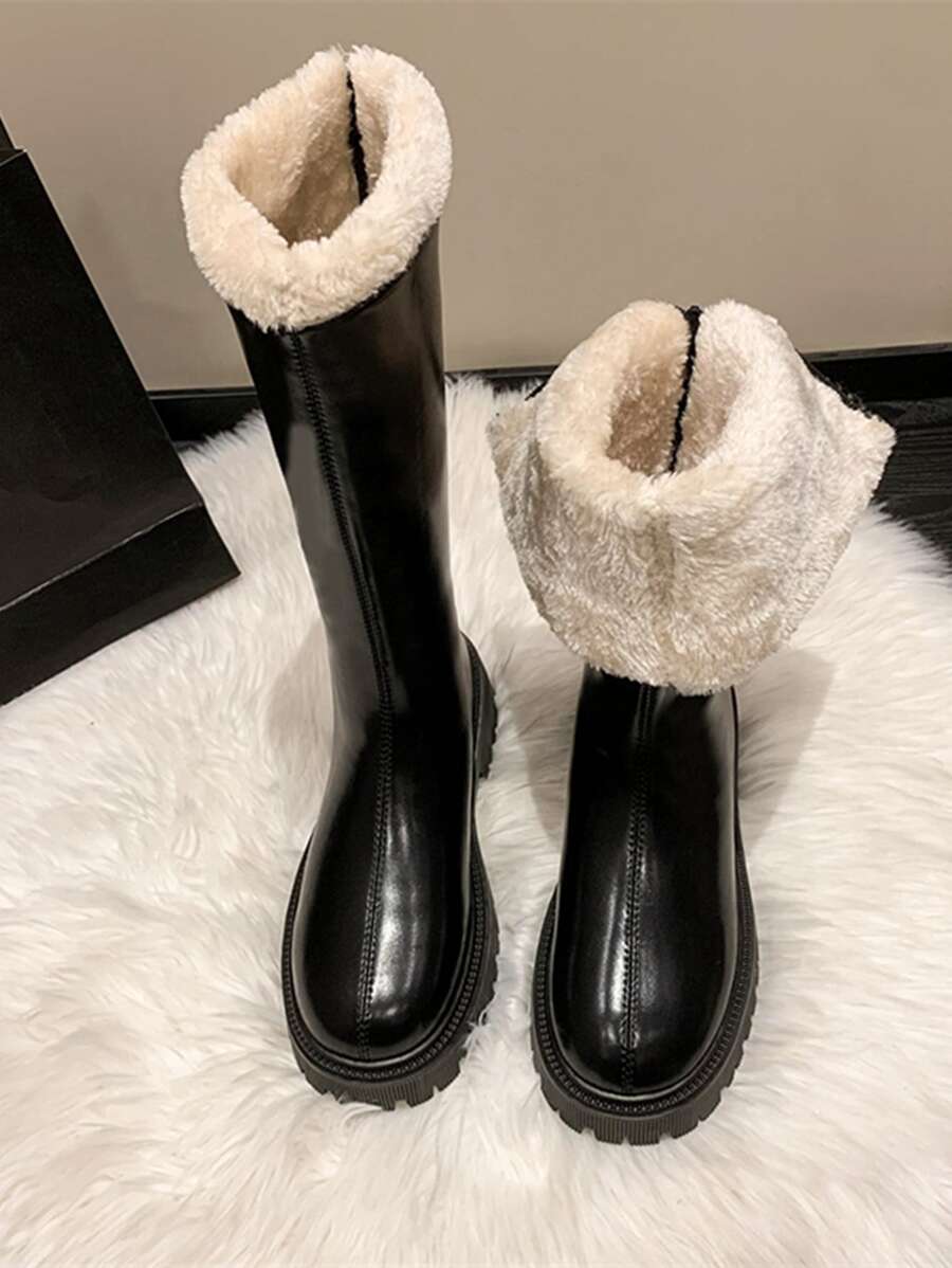 Zipper Back Thermal Lined Combat Boots - Black - View 1