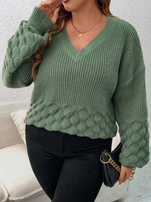 SHEIN LUNE Suéter de punto de hombros caídos con textura - Verde - Ver 5