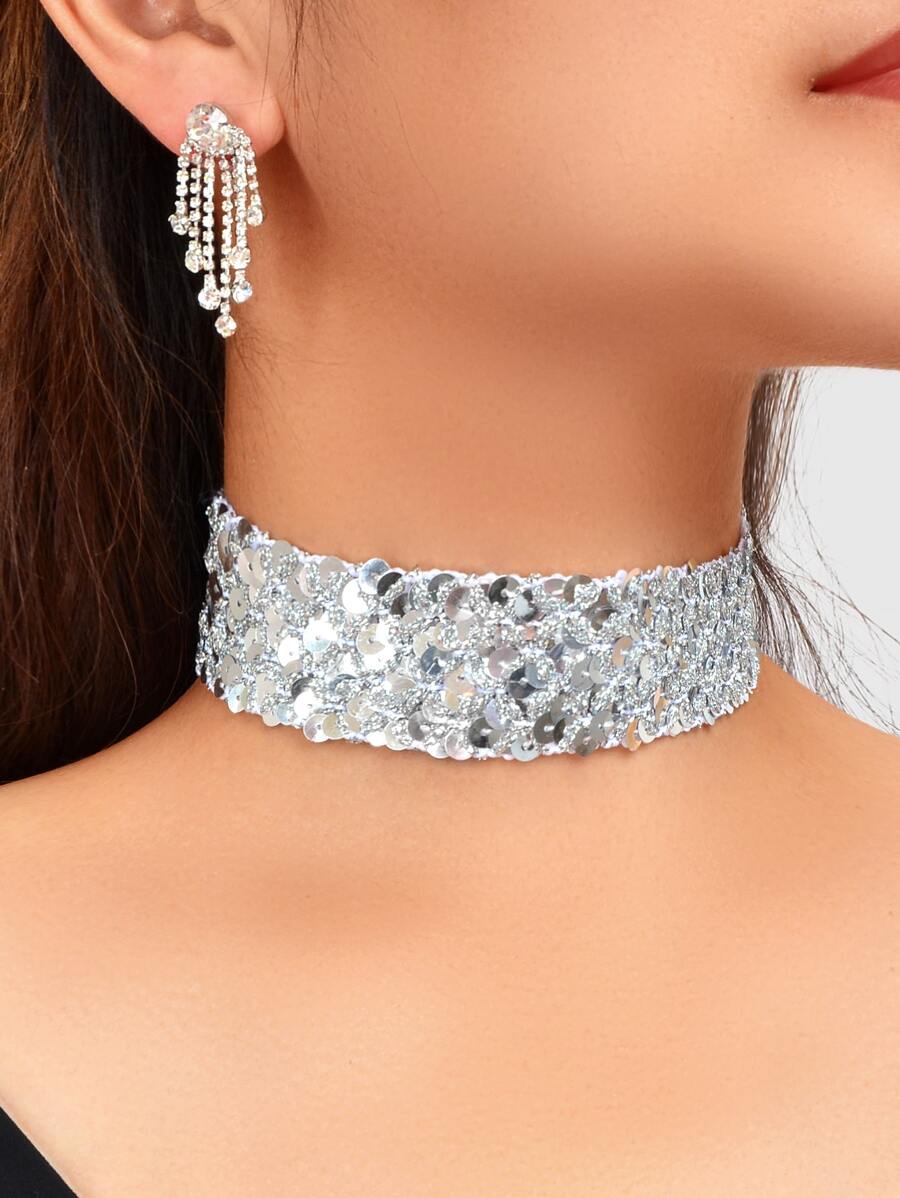 3 piezas Set joya con diamante de imitación & con lentejuelas - Plateado - Ver 1