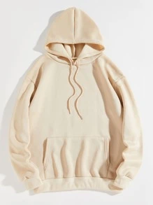 SHEIN EZwear 标语和表情印花袋鼠口袋抽绳保暖连帽衫没那么严重 - 杏色 - 查看 2