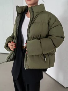 DAZY 斜口袋落肩拉链填充大衣 - 軍綠色 - 查看 1