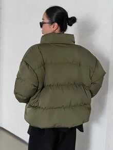 DAZY 斜口袋落肩拉链填充大衣 - 軍綠色 - 查看 2