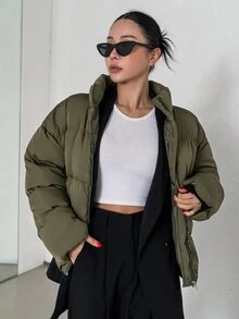 DAZY 斜口袋落肩拉链填充大衣 - 軍綠色 - 查看 3