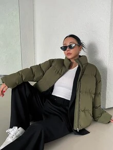 DAZY 斜口袋落肩拉链填充大衣 - 軍綠色 - 查看 4