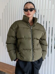 DAZY 斜口袋落肩拉链填充大衣 - 軍綠色 - 查看 5