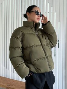 DAZY 斜口袋落肩拉链填充大衣 - 軍綠色 - 查看 6