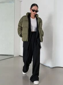 DAZY 斜口袋落肩拉链填充大衣 - 軍綠色 - 查看 7