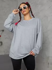 INAWLY Drop Shoulder Oversized Solid Tee Fall Cloth For Women - Grey - View 4