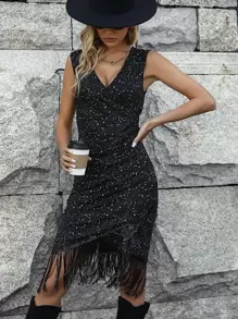 Zolique Surplice Neck Fringe Hem Sequins Dress - Black - View 5