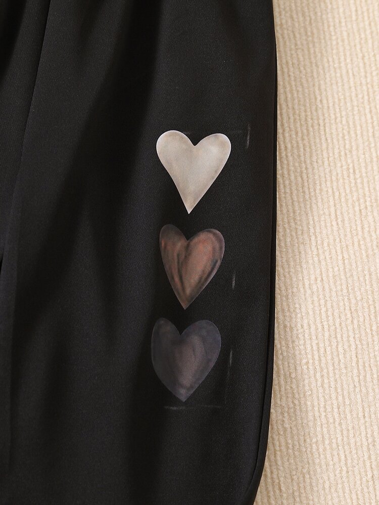 Tween Girl Heart Print Drop Shoulder Pullover & Sweatpants