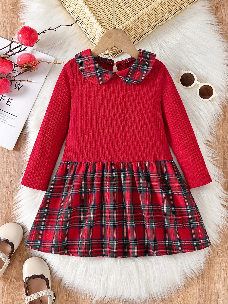 Toddler Girls Tartan Peter-pan Collar Ruffle Hem Dress - Red - View 1