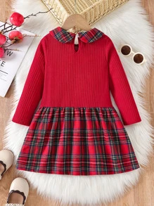 Toddler Girls Tartan Peter-pan Collar Ruffle Hem Dress - Red - View 2