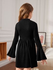 SHEIN Leap Crew Tween Girl High Neck Cable Knit Dress Without Belt - Black - View 2