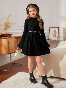 SHEIN Leap Crew Tween Girl High Neck Cable Knit Dress Without Belt - Black - View 4