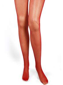 Rhinestone Decor Fishnet Tights - Đỏ - Xem 2