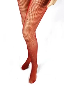 Rhinestone Decor Fishnet Tights - Đỏ - Xem 3