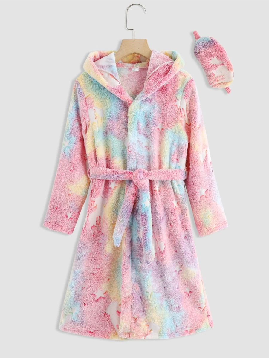 Girls Reflective Unicorn Print Hooded Belted Flannel Sleep Robe - Multicolor - View 1