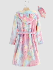 Girls Reflective Unicorn Print Hooded Belted Flannel Sleep Robe - Multicolor - View 3