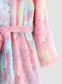 Girls Reflective Unicorn Print Hooded Belted Flannel Sleep Robe - Multicolor - View 5