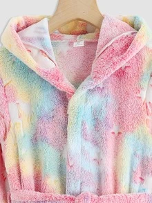 Girls Reflective Unicorn Print Hooded Belted Flannel Sleep Robe - Multicolor - View 6