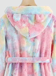 Girls Reflective Unicorn Print Hooded Belted Flannel Sleep Robe - Multicolor - View 7