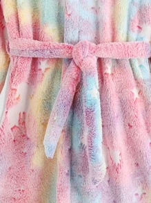 Girls Reflective Unicorn Print Hooded Belted Flannel Sleep Robe - Multicolor - View 8