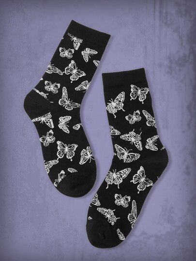 Goth Butterfly Print Crew Socks