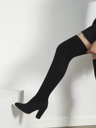 Fall/Winter Perfect With Jacket , Minimalist Point Toe Chunky Heeled Faux Suede Sock Boots, Ladies' Fashionable Plain Elastic Velvet Tight Over-The-Knee Long Boots With Sexy Appearance,Women Boots