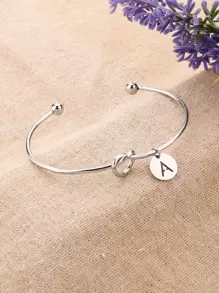 1入組字母細節唱片墜飾開口手鐲,不銹鋼首飾類 - 銀色 - 查看 2