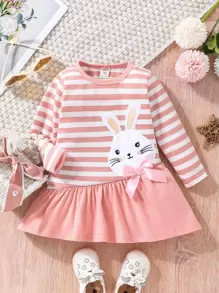 SHEIN Baby Girl Striped & Cartoon Graphic Bow Front Ruffle Hem Dress
