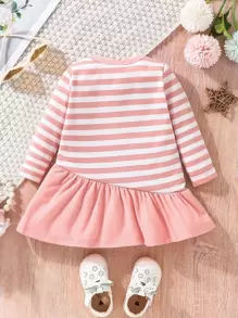 SHEIN Baby Girl Striped & Cartoon Graphic Bow Front Ruffle Hem Dress
