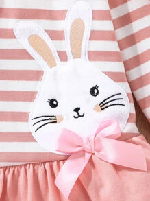 SHEIN Baby Girl Striped & Cartoon Graphic Bow Front Ruffle Hem Dress