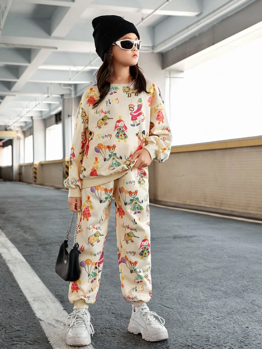 SHEIN 少女字母和卡通圖形下垂肩連帽衫和汗褲 - 杏色 - 查看 1