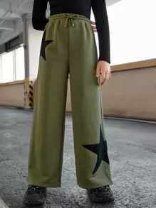 SHEIN Tween Girl High-Waisted Casual Knitted Fabric Wide-Leg Sweatpants, Star Printed & Waist Drawstring Detail - Army Green - View 1