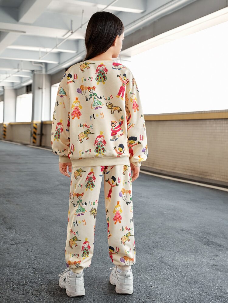 Tween Girl Letter & Cartoon Graphic Drop Shoulder Pullover & Sweatpants