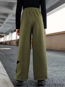 SHEIN Tween Girl High-Waisted Casual Knitted Fabric Wide-Leg Sweatpants, Star Printed & Waist Drawstring Detail - Army Green - View 2